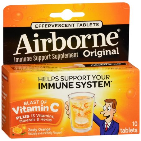 Airborne Original Immune Support Supplement Effervescent Tablets Zesty Orange – 10 TB